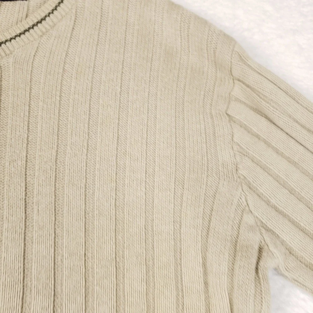VTG Structure Sweater Mens Small Tan Beige V-Neck Ribbed Knit Ramie Cotton 90s
